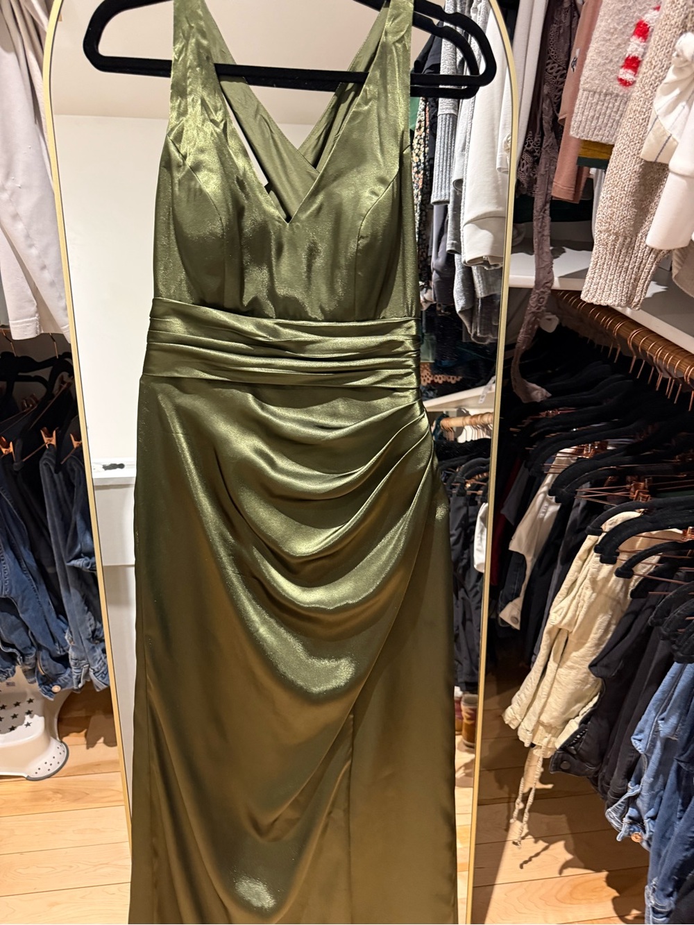 Olive Satin V-Neck Draped Maxi Dress